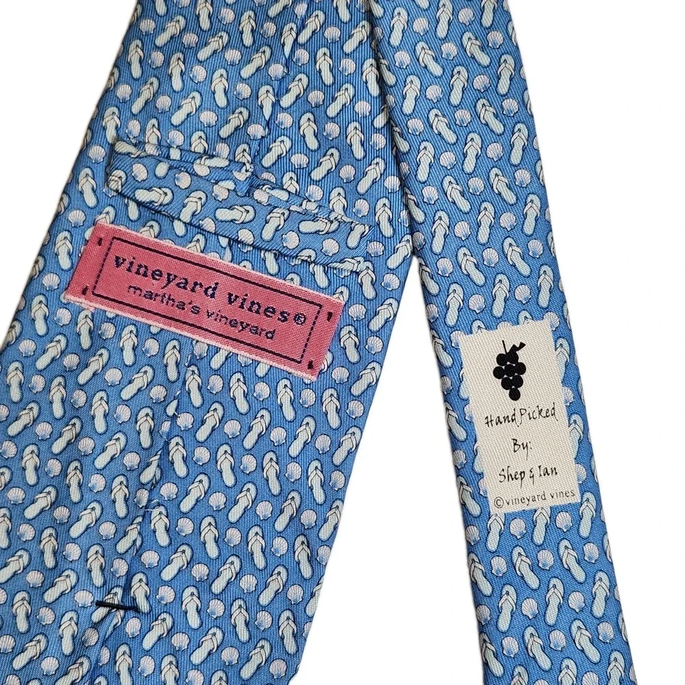 Vineyard Vines Shep Ian Silk Tie Flip Flops Seashells Blue Handmade USA